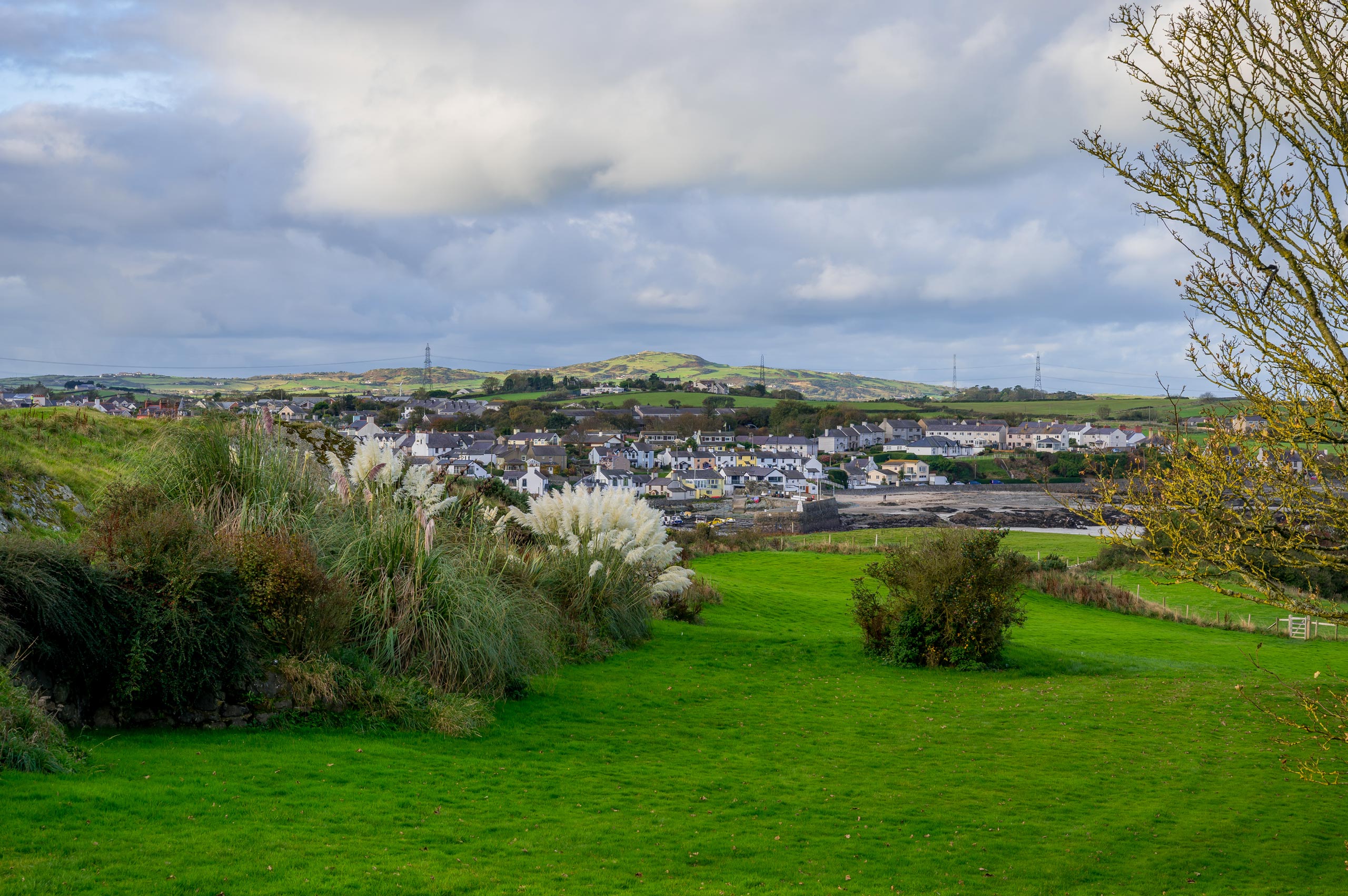 Golygfa ar draws cae glas yn edrych tuag at Fynydd Parys gydag anheddiad yn y blaendir