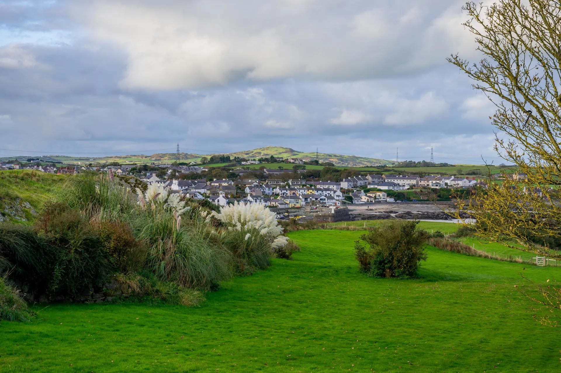 Golygfa ar draws cae glas yn edrych tuag at Fynydd Parys gydag anheddiad yn y blaendir