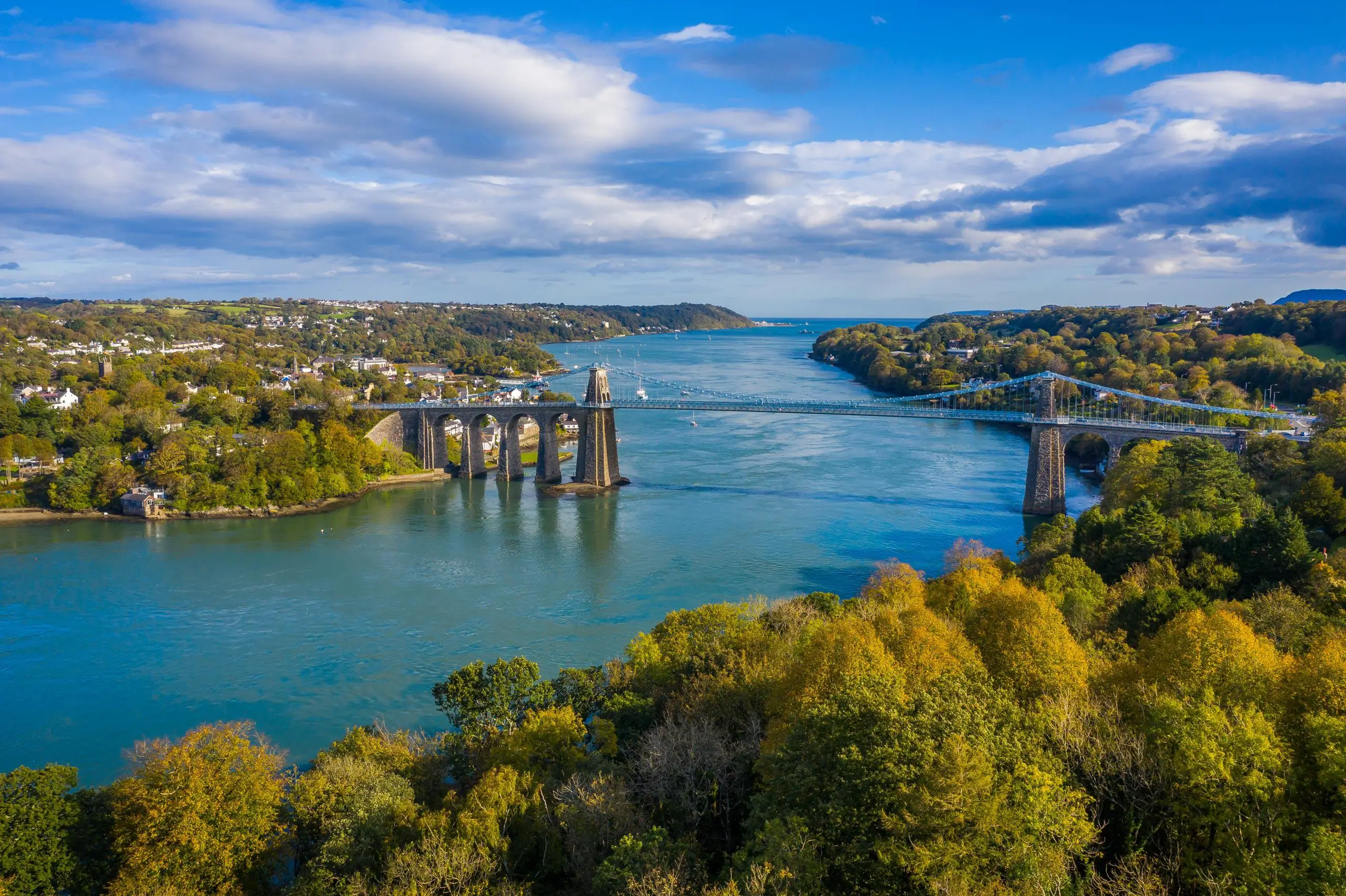 Aerial view of the Menai Strait and the suspension bridge