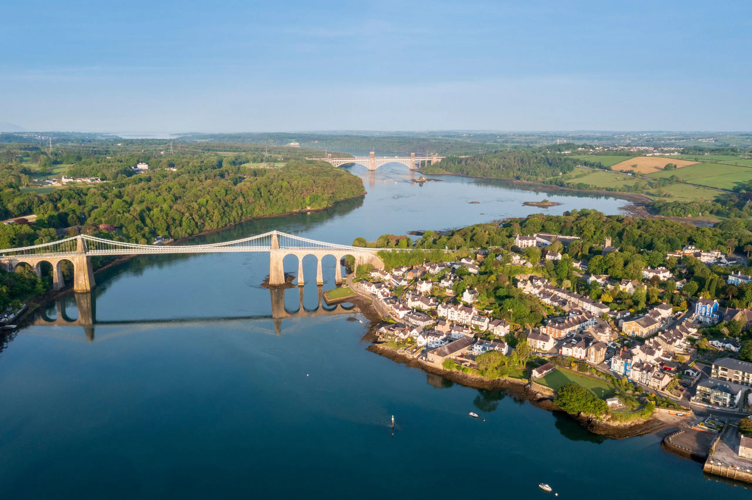 Aerial view of the Menai Strait and bridges